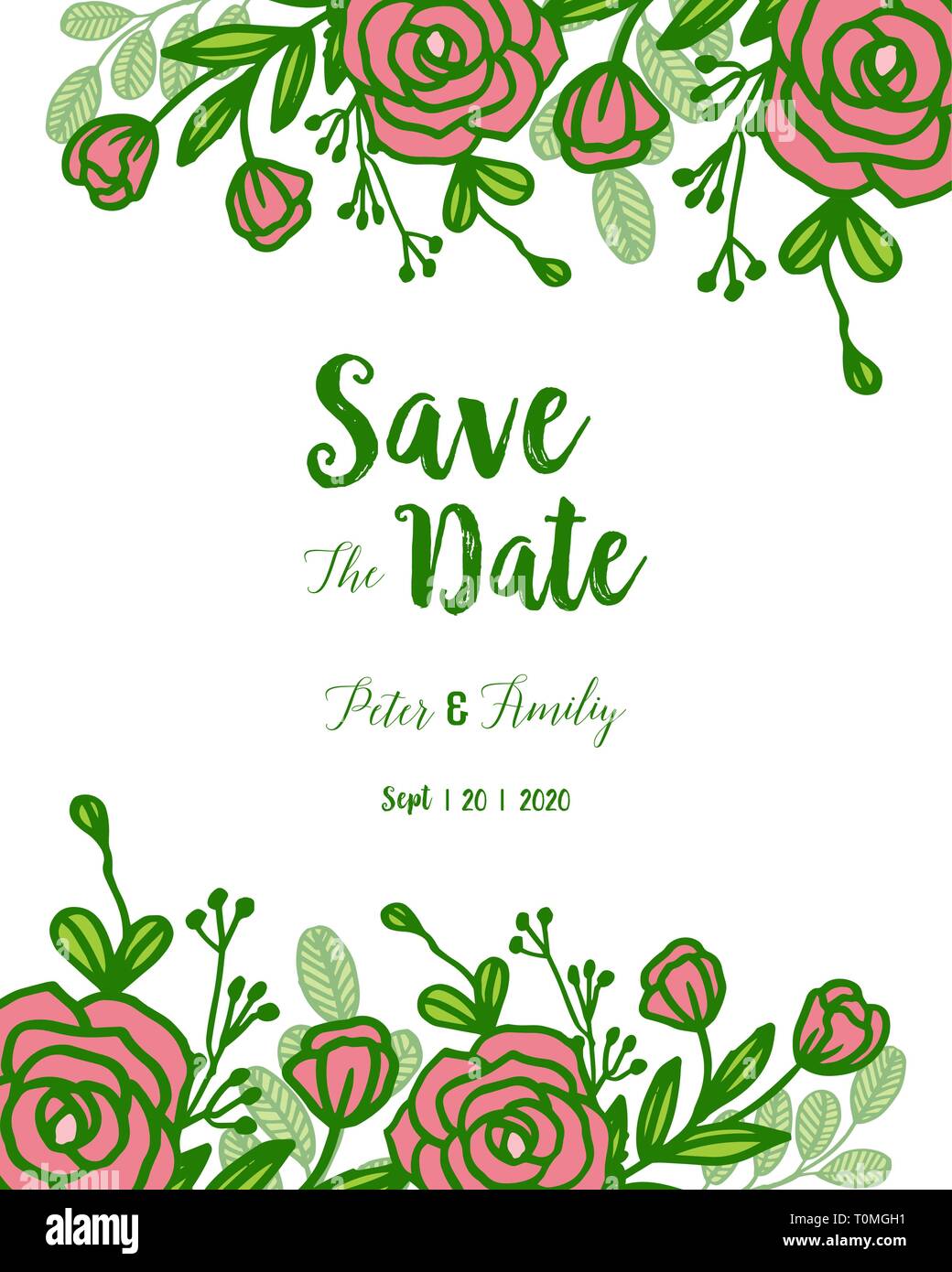 Vector illustration wedding elegant card with rose pink flower frames ...