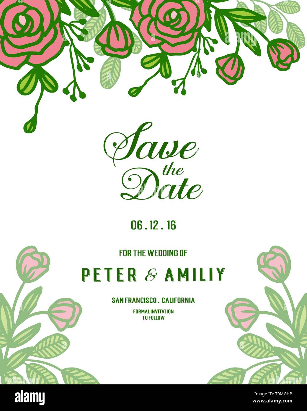 Vector illustration wedding elegant card with rose pink flower frames ...