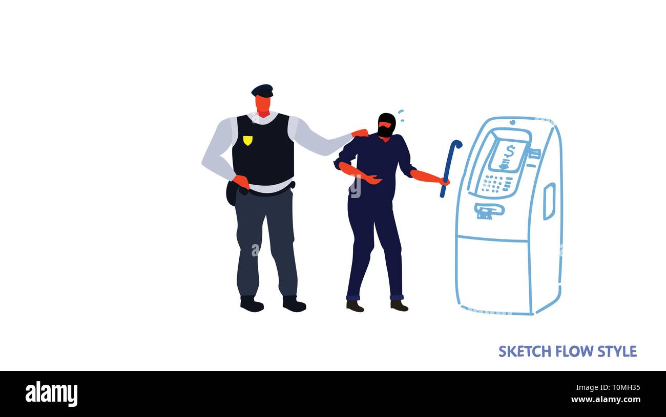 police taking security protection policeman arrested masked thief stealing sensitive data and money from ATM machine robber arrest concept sketch flow Stock Vector