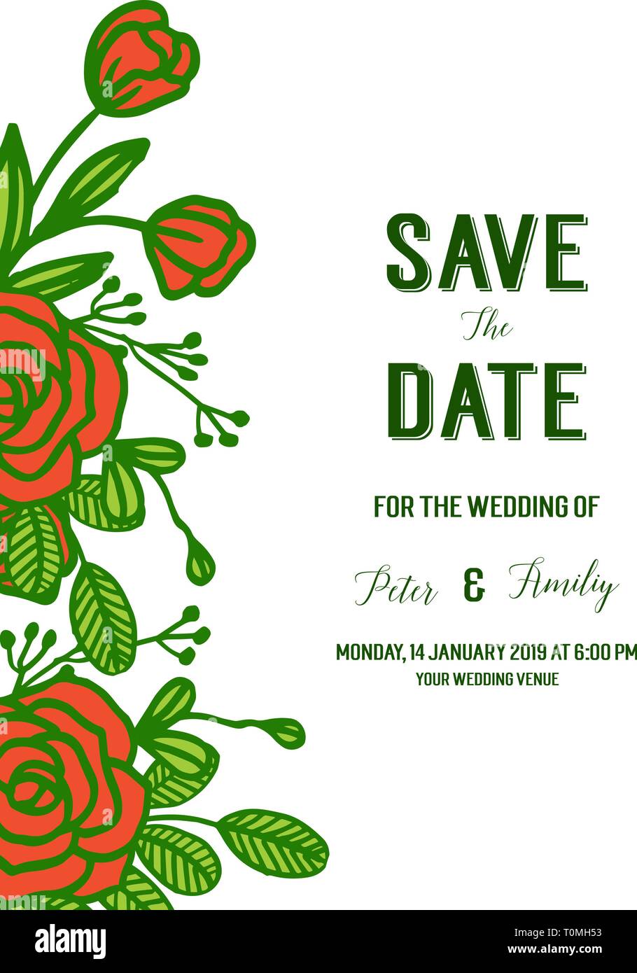Vector illustration decoration red rose flower frame with wedding ...