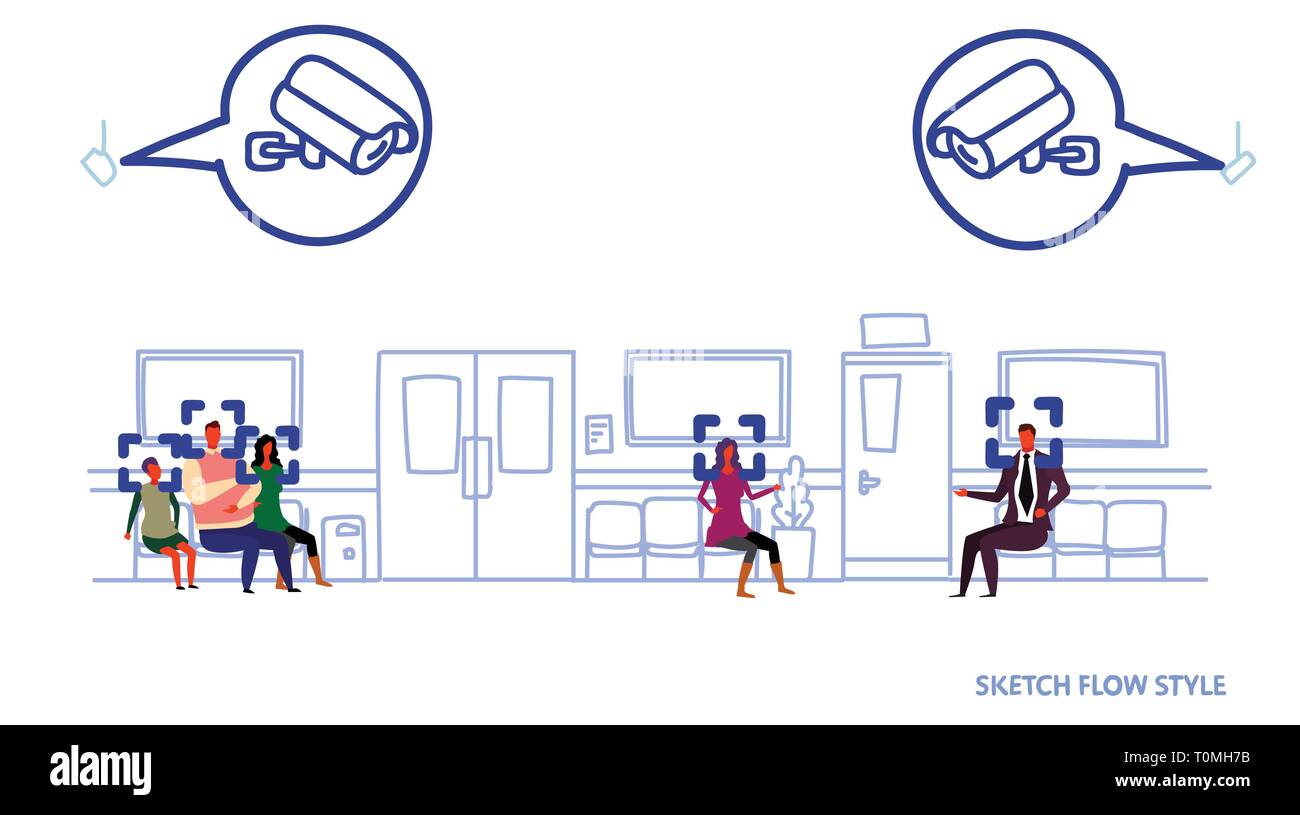 patients waiting clinic hall surveillance cctv facial recognition concept security camera system hospital corridor with seats and doors sketch flow Stock Vector