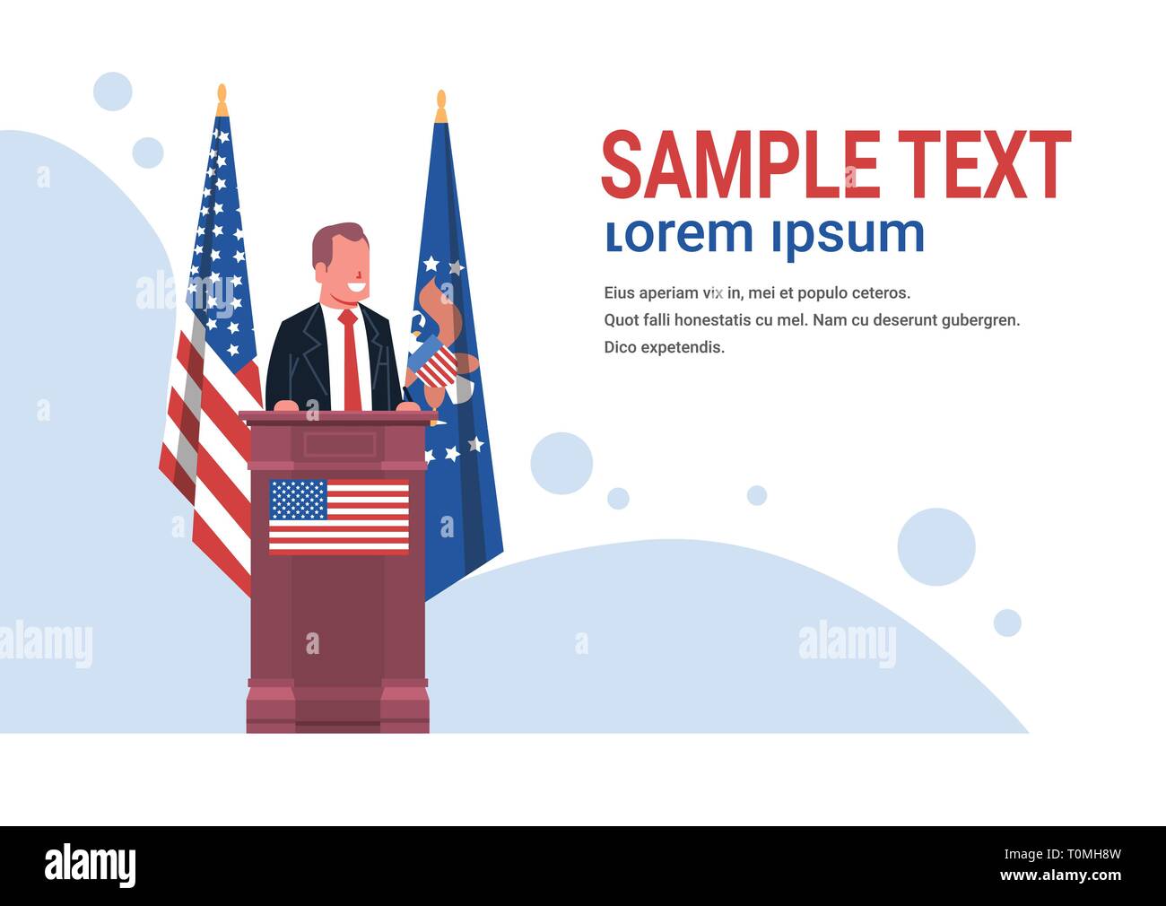 man president of the United States speaks at general political discussion podium speaker tribune with USA national flag politics concept male leader Stock Vector