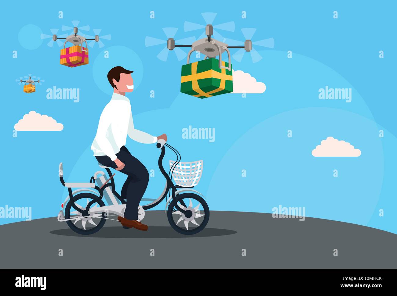 man cycling bicycle drone flying delivery air packages shipment concept guy  riding bike male cartoon character full length horizontal flat Stock Vector  Image & Art - Alamy