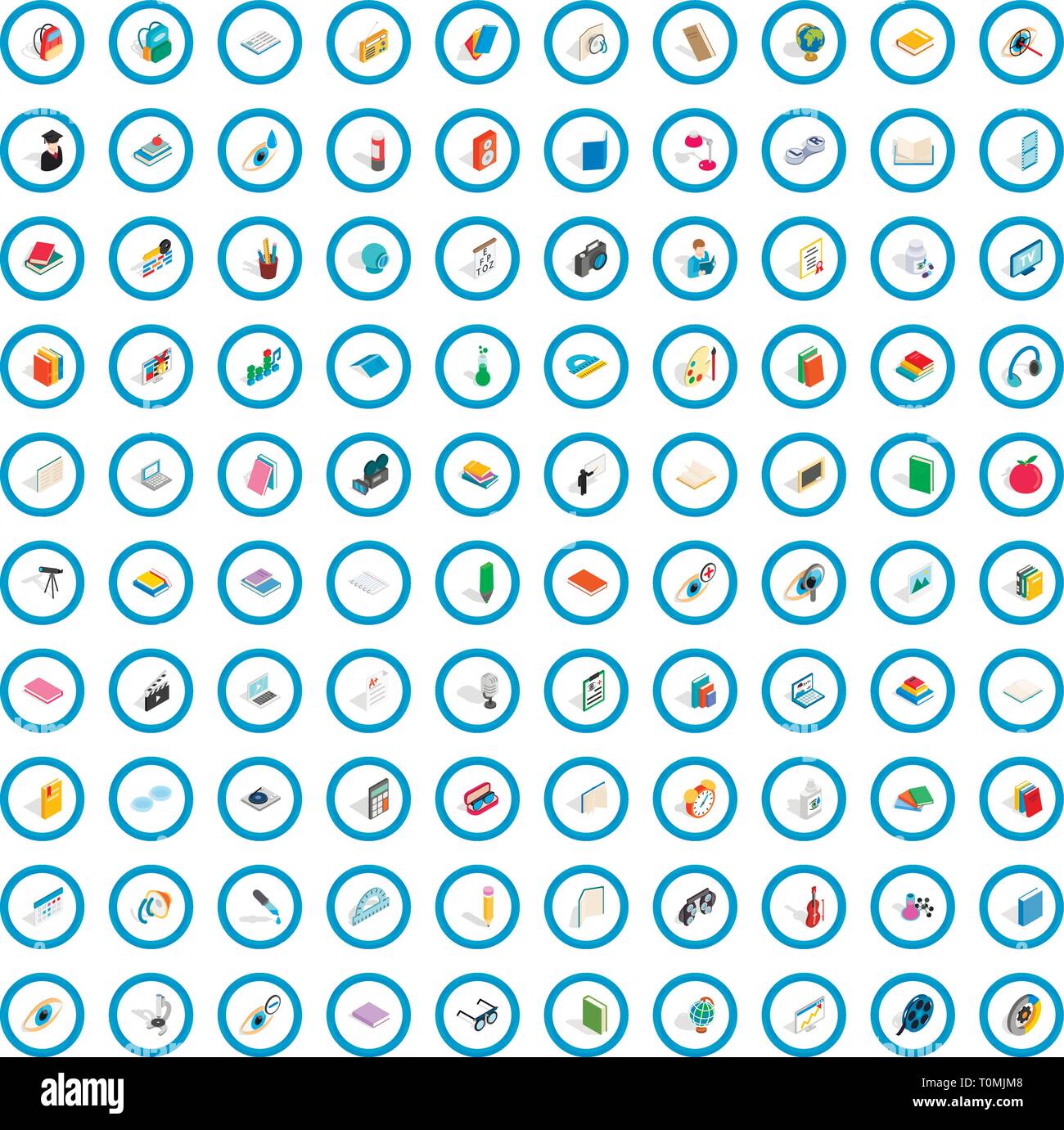 100 knowledge icons set, isometric 3d style Stock Vector