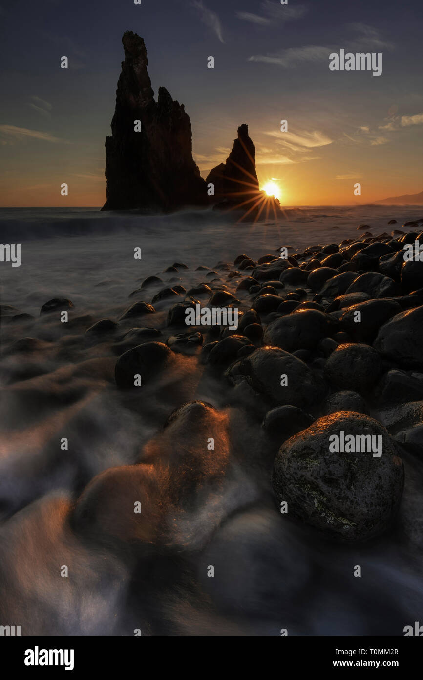 Ribera da Janela at sunrise, rocky beach with rock formation, Madeira, Ribera de Janela, Portugal Stock Photo