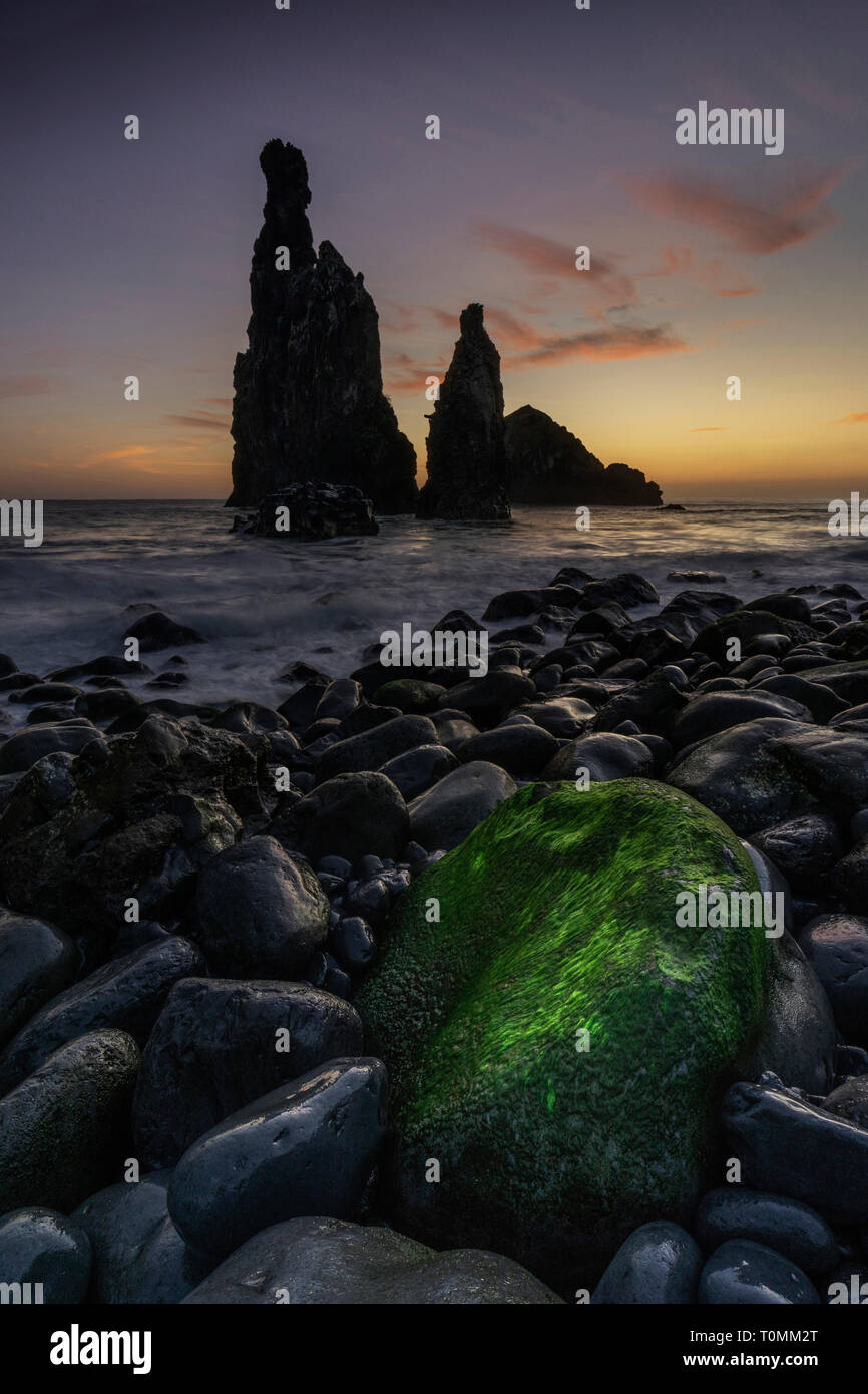 Ribera da Janela at sunrise, rocky beach with rock formation, Madeira, Ribera de Janela, Portugal Stock Photo