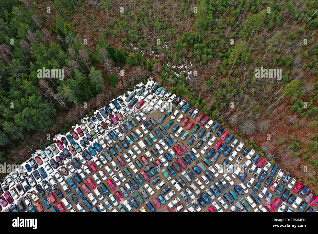 Sweden, Aerial view over a scrapyard for old cars.Photo Jeppe Gustafsson Stock Photo