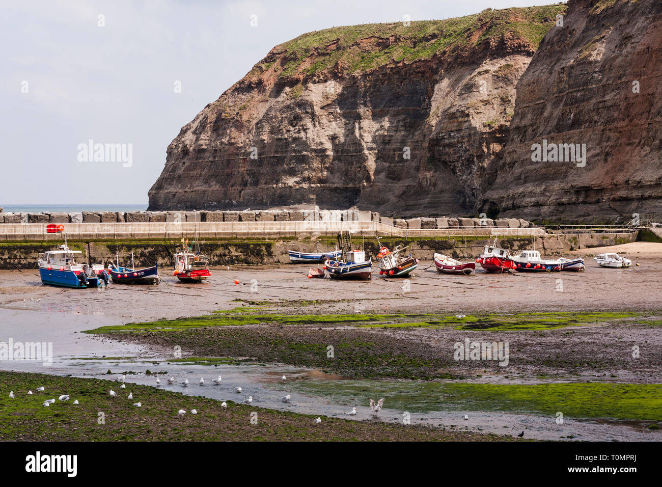 Boats in the harbour at low tide in the fishing village of Staithes ...