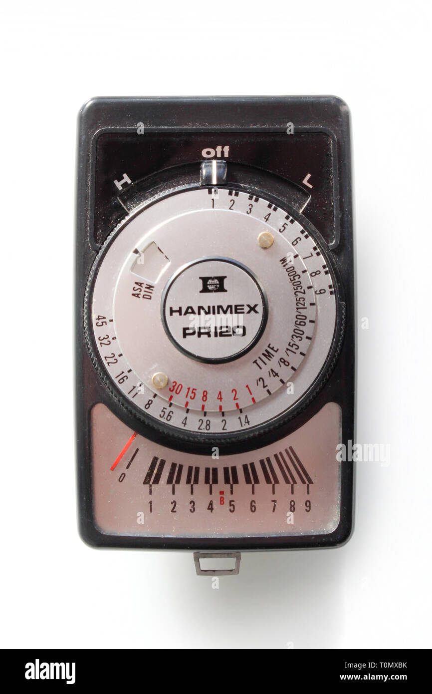 Vintage photographic light meter Hanimex PR-120 made in Japan, isolated on white background, close-up Stock Photo