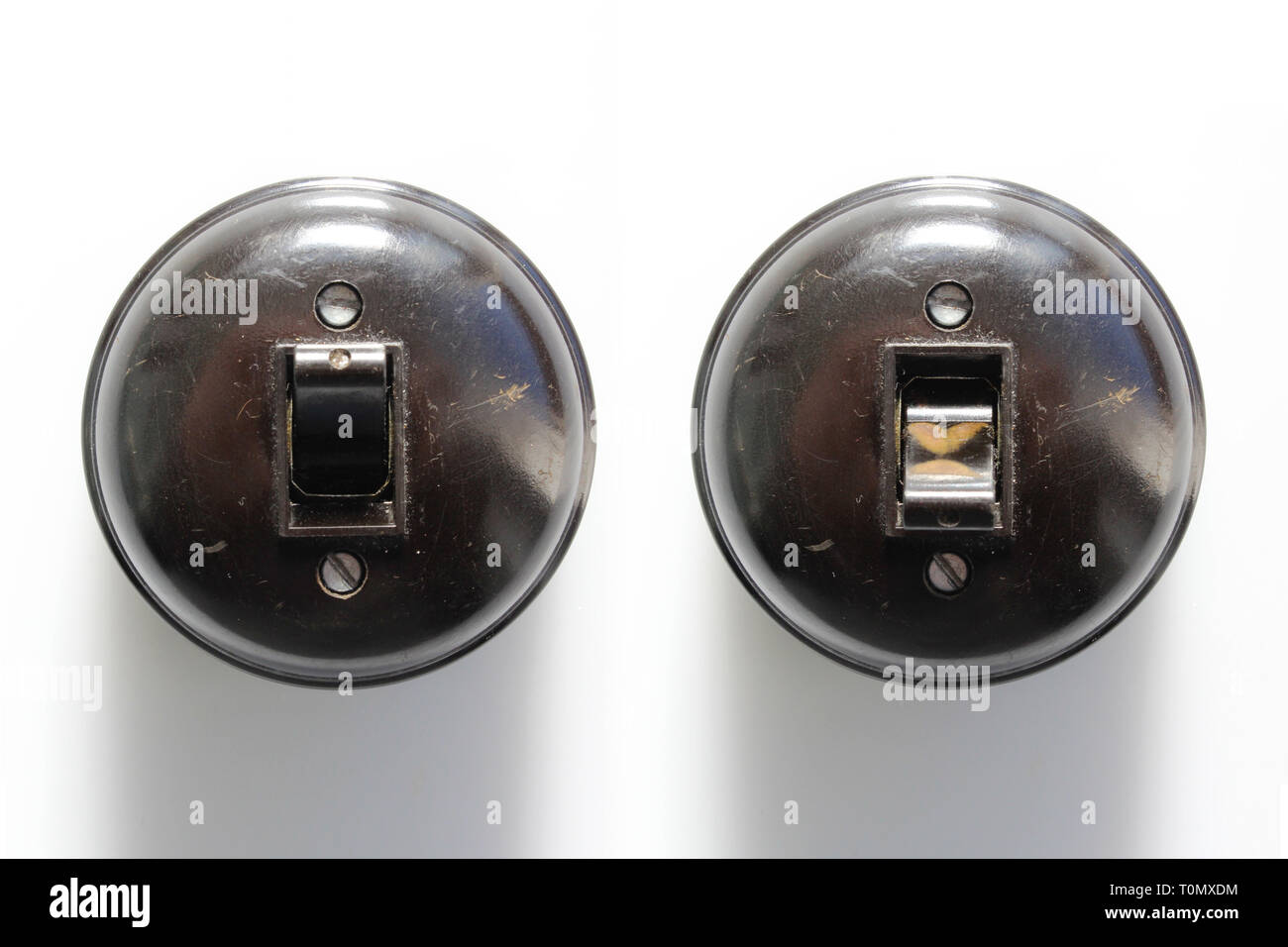 Antique two switches on-off bakelite, isolated on white background ...