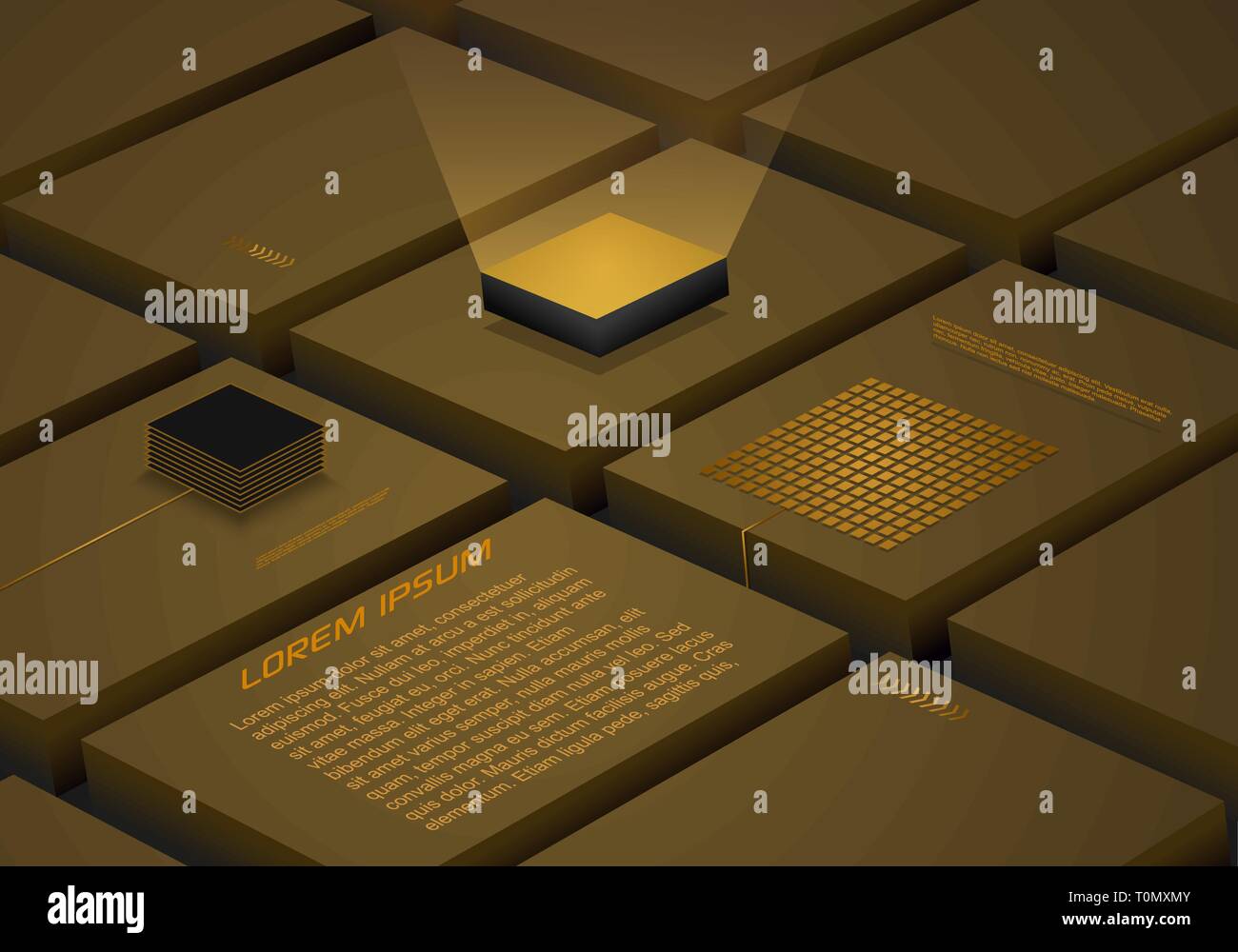 Abstract block background with artificial intelligence, robotic quantum computing processor in gold color. Used for business technology and engineerin Stock Vector