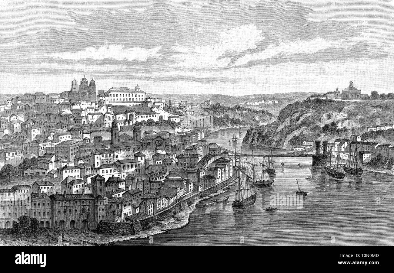 geography / travel, Portugal, Oporto, view, wood engraving, 1893, Additional-Rights-Clearance-Info-Not-Available Stock Photo