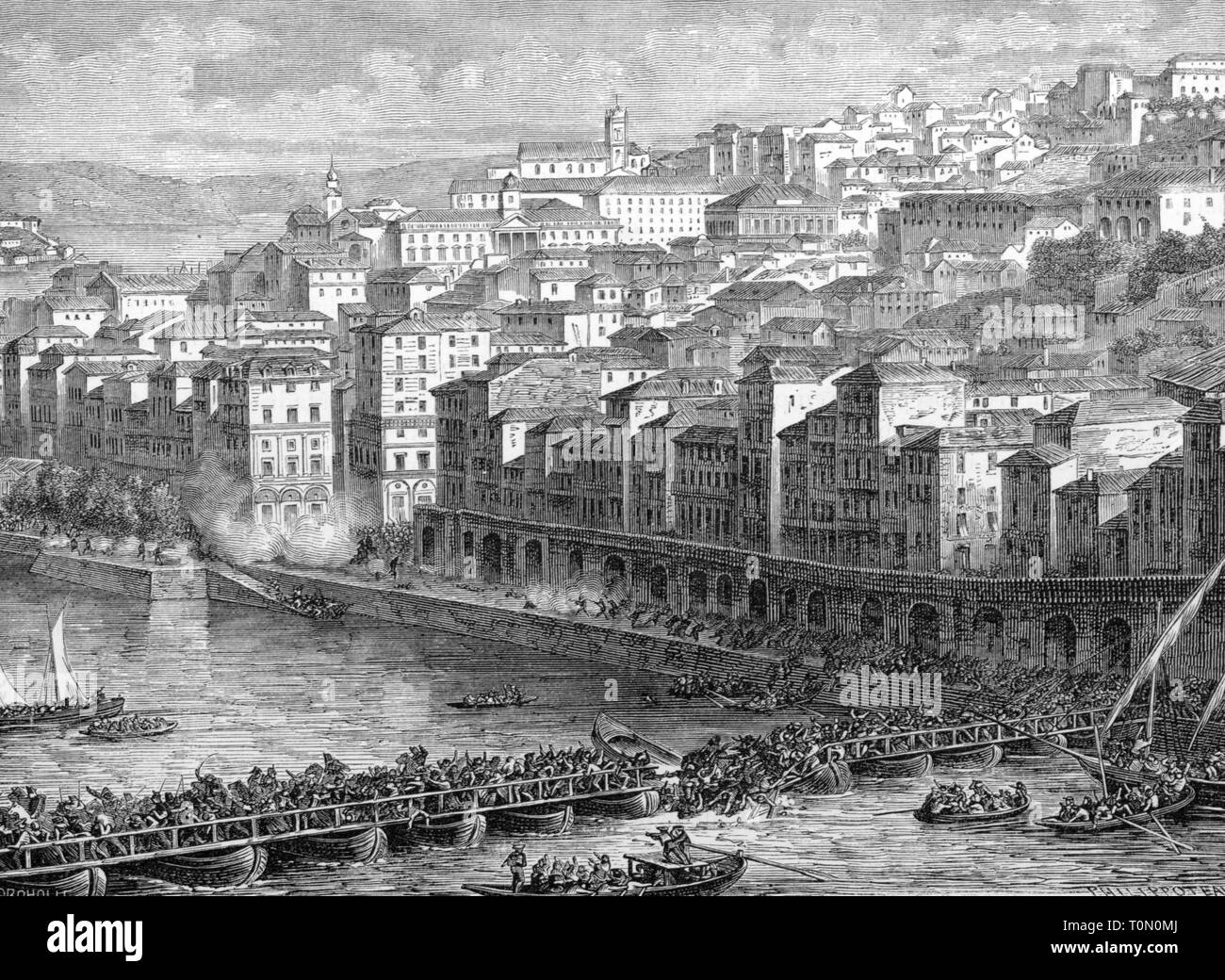Peninsula War 1807 - 1814, conquest of Oporto by French troops, the Ponte das Barcas cracks under the weight of the fleeing civilian population, 29.3.1809, wood engraving, 2nd half 19th century, flight, crowd, crowds, crowds of people, crowd of people, mass exodus, stampede, catastrophe, catastrophes, disaster, disasters, mishap, crash, crashes, collapses, collapse, collapsing, breaking down, break down, pontoon bridge, pontoon bridges, bridge of boats, bridge, bridges, river, rivers, Douro, Portugal, Porto, city, civilian, civilians, populace, N, Additional-Rights-Clearance-Info-Not-Available Stock Photo