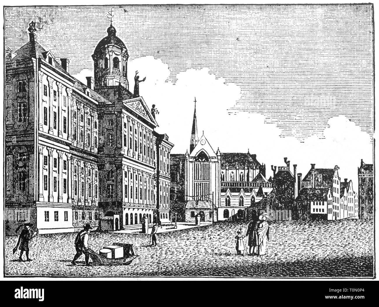 geography / travel, Netherlands, Amsterdam, castles, Paleis op de Dam (Royal palace), exterior view, after copper engraving, early 19th century, Stadhuis, town house, town houses, Nieuwe Kerk, new church, building, buildings, square, squares, city, old town, historic city centre, historic city center, people, North Holland, Western Europe, palace, palaces, castle, castles, historic, historical, Artist's Copyright has not to be cleared Stock Photo