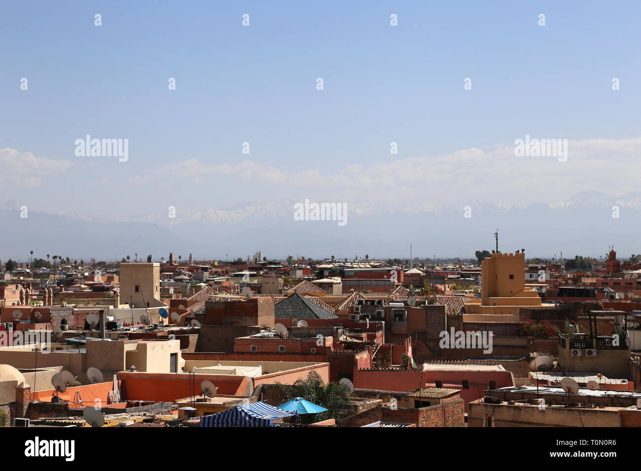 Marrakesh skyline looking south from The Secret Garden tower, Rue Mouassine, Medina, Marrakesh, Marrakesh-Safi region, Morocco, north Africa Stock Photo