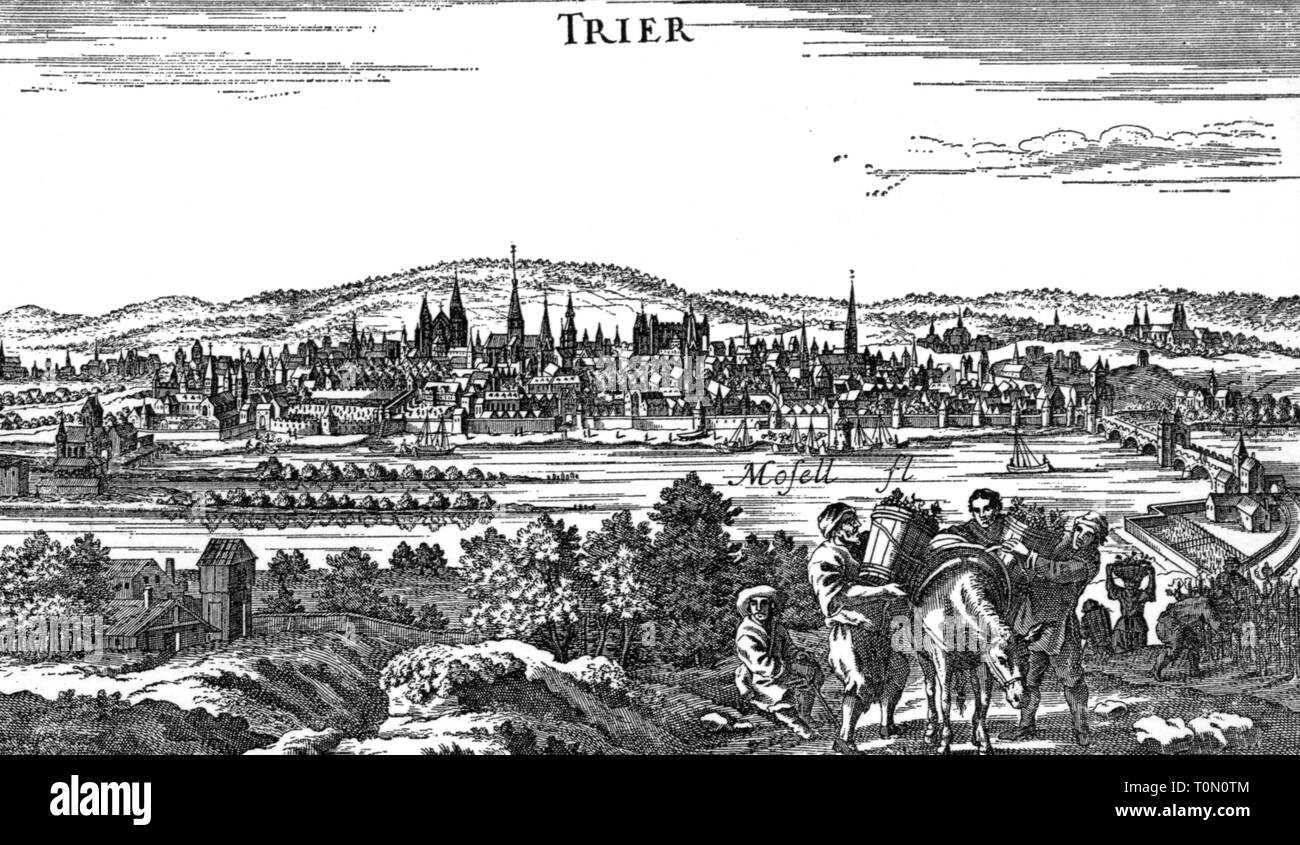 geography / travel, Germany, Trier, view, copper engraving by Johann Stridbeck the Younger, circa 1700, Artist's Copyright has not to be cleared Stock Photo