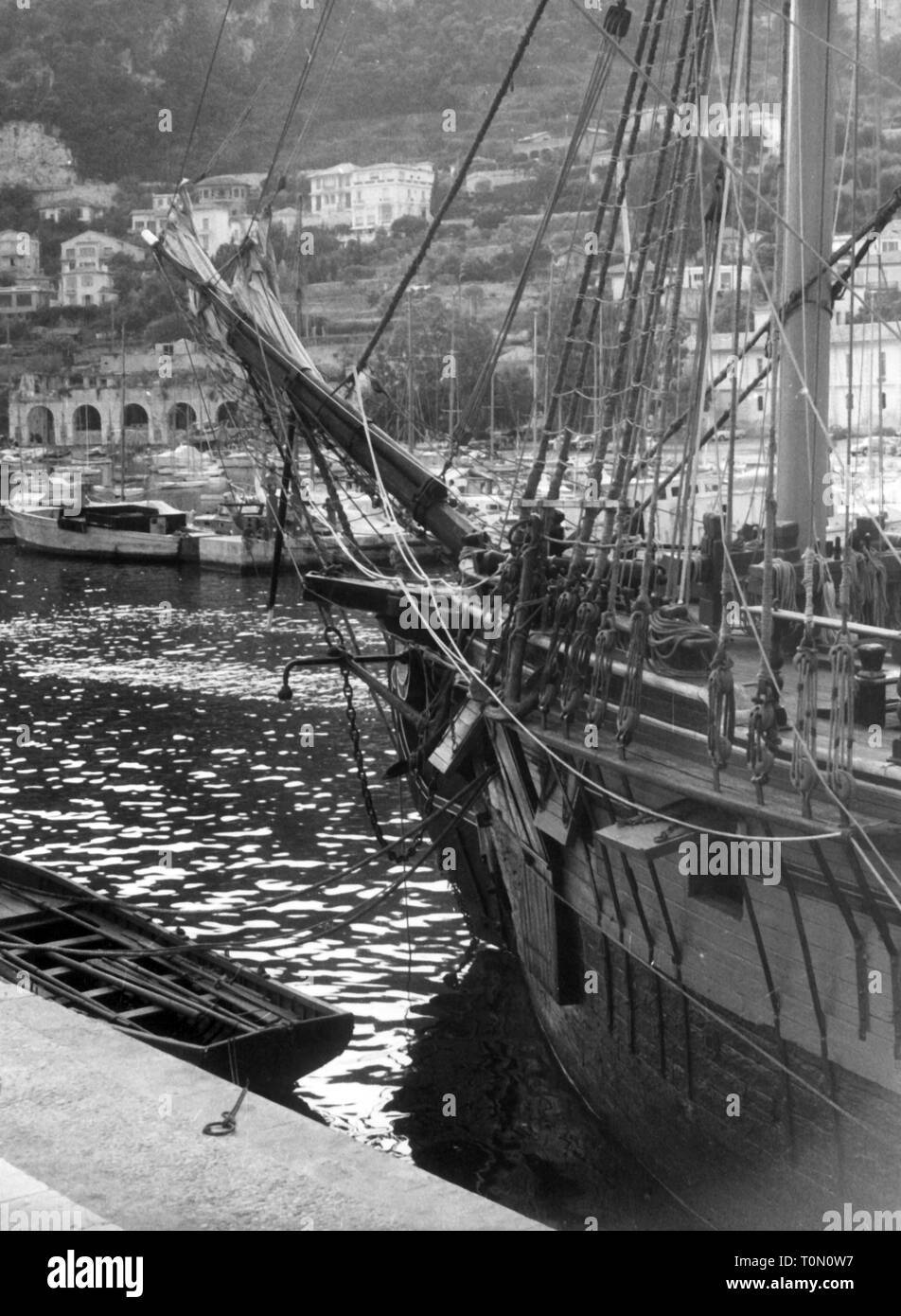 geography / travel, France, Villefranche-sur-Mer, harbour, bow of the sailing ship Heriodiade from  the 18th century, 1961, Additional-Rights-Clearance-Info-Not-Available Stock Photo