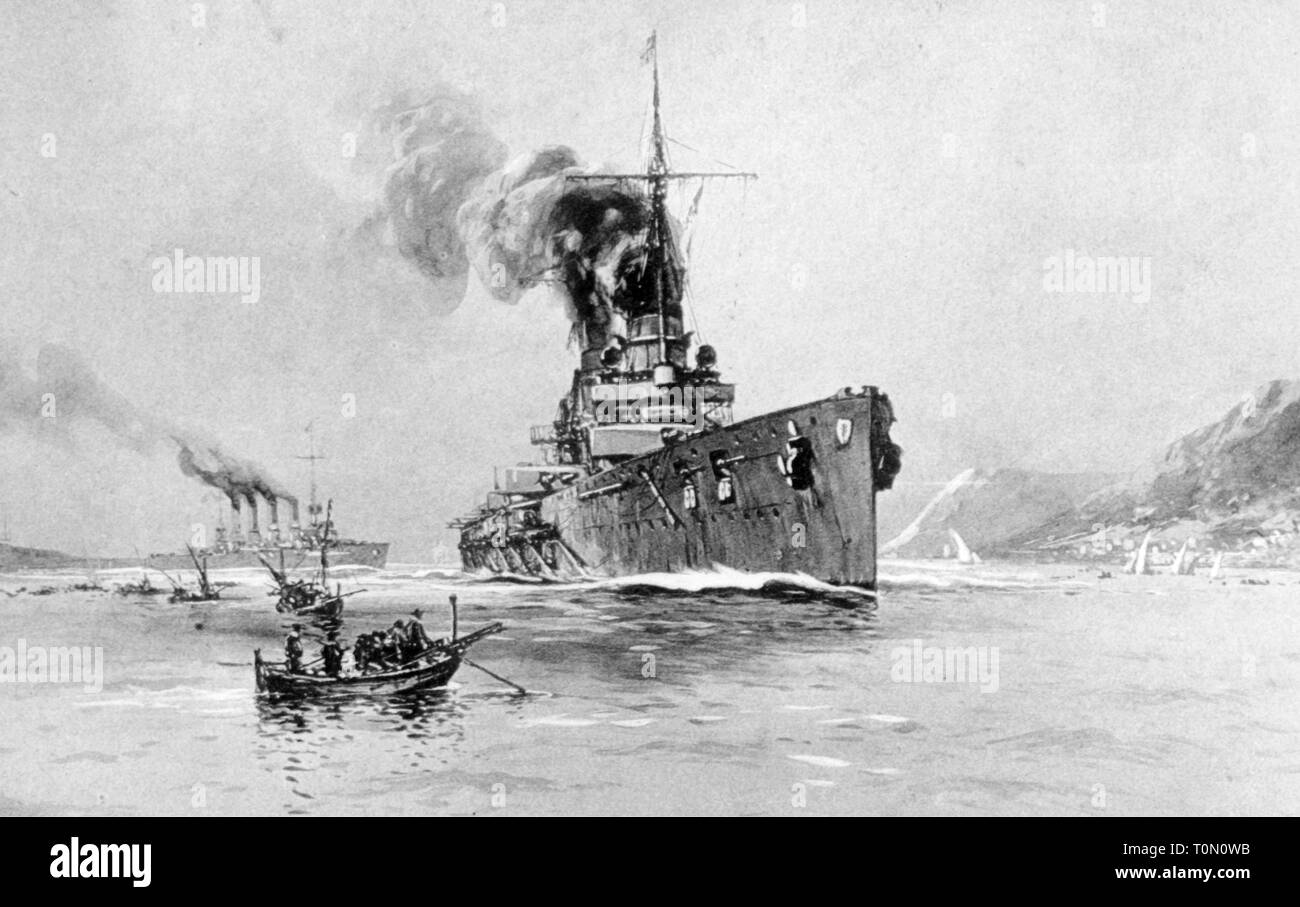 First World War / WWI, naval warfare, the German ships SMS Goeben and SMS Breslau leaving Messina, Sicily, 1.8.1914, postcard after illustration by Willy Stoewer, 1914 / 1915, Imperial German Navy, Mediterranean Division, man-of-war, warship, warships, great cruiser, battle cruiser, Moltke-Class, Moltke class, Italy, Mediterranean Sea, escape, Germany, German Empire, Imperial Era, military, armed forces, naval forces, navy, 1910s, 10s, 20th century, people, first, 1st, world war, world wars, naval war, naval wars, ships, ship, leaving, leave, pos, Additional-Rights-Clearance-Info-Not-Available Stock Photo