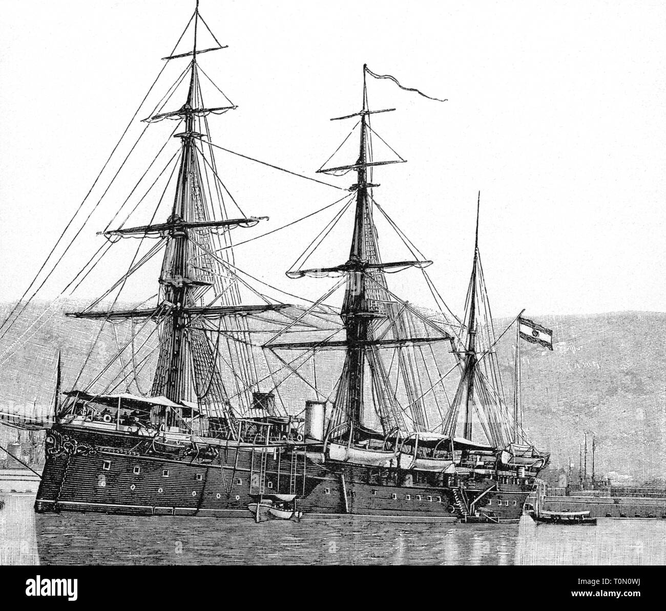 transport / transportation, navigation, warships, Spanish unprotected cruiser Reina Cristina, flagship of admiral Patricio Montojo in the Battle of Manila Bay, 1.5.1898, wood engraving, 'Illustrierte Chronik der Zeit', 1898, Spanish navy, Armada Espanola, Kingdom of Spain, man-of-war, Alfonso-XII-Class, Alfonso XII class, sail steamer, ships, ship, steamship, steamships, Spanish-American War, Cuban War of Independence, Spanish American War, Spanish - American war, Philippines, military, armed forces, naval forces, navy, 19th century, no-people, t, Additional-Rights-Clearance-Info-Not-Available Stock Photo