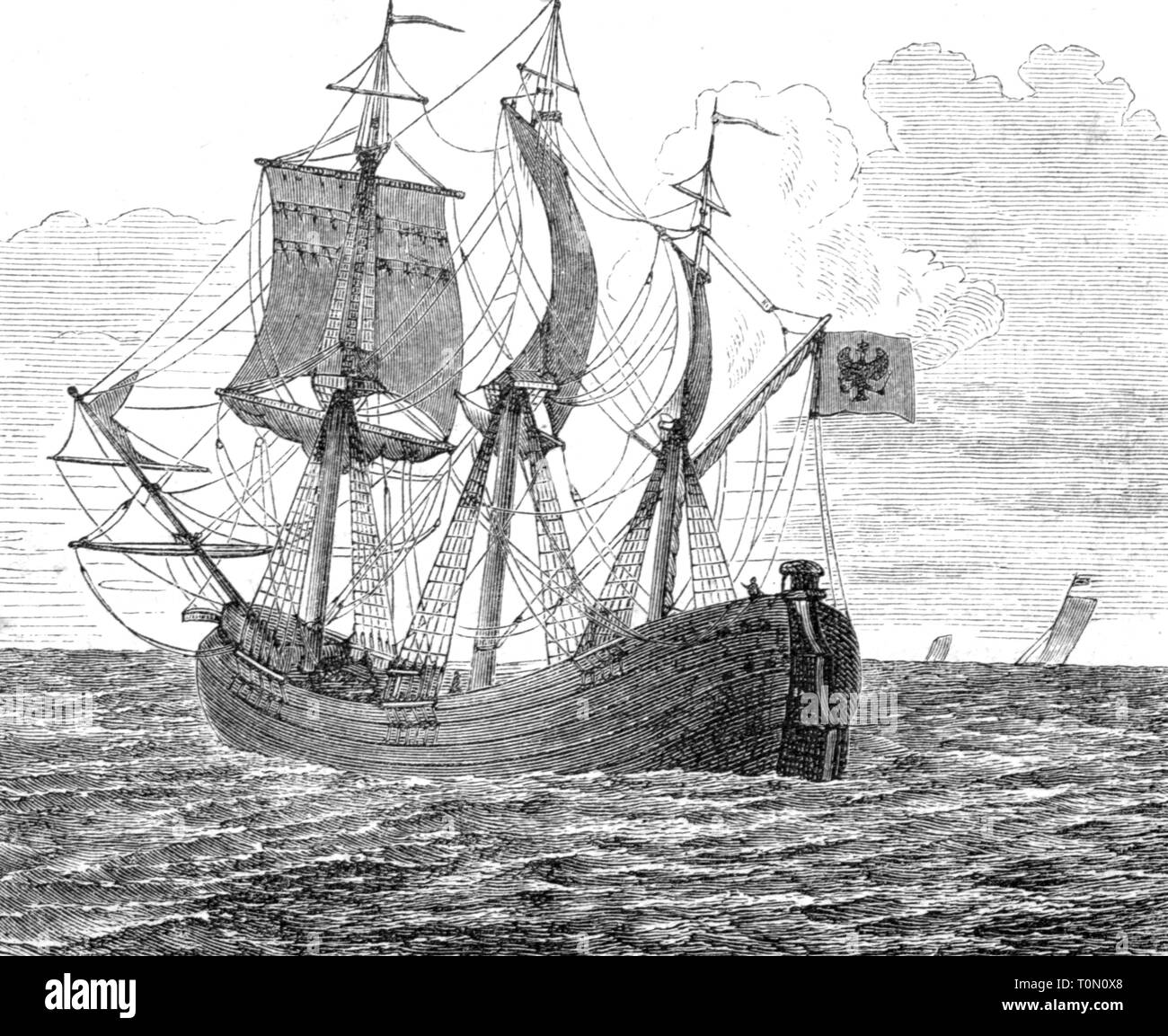 transport / transportation, navigation, warship, Brandenburg frigate Kurprinz, late 17th century, wood engraving, 19th century, Brandenburg navy, fleet, fleets, Margraviate of Brandenburg, electorate, electorates, Electorate Brandenburg, Germany, man-of-war, sailing ship, sailing ships, threemasted vessel, military, armed forces, naval forces, navy, people, transport, transportation, warship, warships, frigate, frigates, historic, historical, Additional-Rights-Clearance-Info-Not-Available Stock Photo