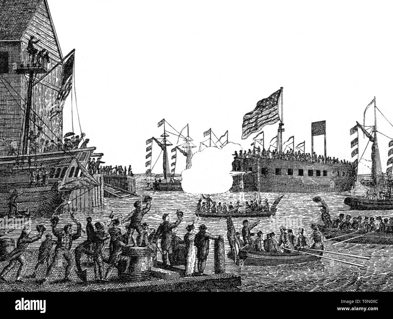 transport / transportation, navigation, warship, floating battery USS Demologos (later USS Fulton I), built by Robert Fulton, launching, dockyard of Adam and Noah Brown, East River, New York City, 29.10.1814, wood engraving after contemporary illustration, US Navy, United State Navy, USA, United States of America, War of 1812, British-American war, British - American war, man-of-war, steamship, steamships, Lower East Side, Manhattan, shipbuilding, ship building industry, industry, industries, casemate, military, armed forces, naval forces, navy, , Additional-Rights-Clearance-Info-Not-Available Stock Photo