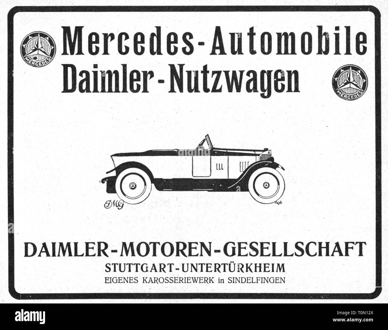 advertising, automobiles, Daimer Mercedes 24/100/140, advert, Germany, 1924, DMG, Daimler-Motoren-Gesellschaft, Daimler - Motoren - Gesellschaft, Mercedes-Benz 630, Benz, Daimler-Benz, company logo, company logos, touring car, touring cars, sports car, roadster, sports cars, roadsters, upper class, upper-class, side view, Stuttgart, German, 1920s, 20s, 20th century, no-people, advertisement, advertisements, historic, historical, Additional-Rights-Clearance-Info-Not-Available Stock Photo