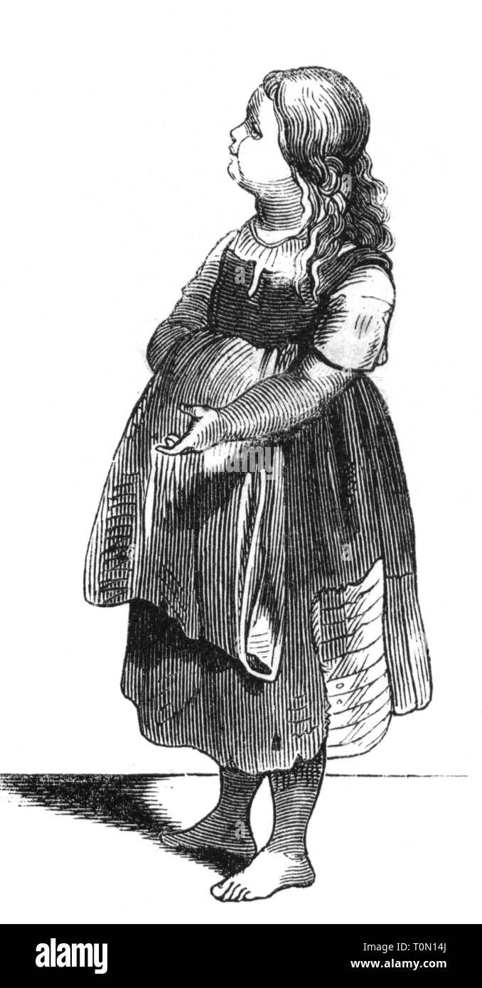 people, children, orphans, 'Das Waisenkind' (The Orphan), illustration from 'Muenchner Bilderbogen' (Munich Sheet of Pictures), wood engraving, 19th century, graphic, graphics, full length, clipping, cut out, cut-out, cut-outs, standing, clothes, outfit, outfits, dress, dresses, poverty, poor, historic, historical, girl, girls, female, child, people, Additional-Rights-Clearance-Info-Not-Available Stock Photo