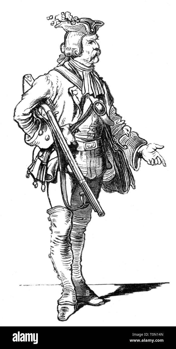 people, professions, 'Der Foerster' (The Forest Warden), illustration from 'Muenchner Bilderbogen' (Munich Sheet of Pictures), wood engraving, 19th century, graphic, graphics, full length, clipping, cut out, cut-out, cut-outs, standing, clothes, outfit, outfits, hats, three-cornered hat, holding, hold, rifle, gun, rifles, guns, gaiter, puttee, gaiters, puttees, hunt, hunts, forest warden, forester, forest ranger, woodman, woodsman, historic, historical, man, men, male, people, Additional-Rights-Clearance-Info-Not-Available Stock Photo