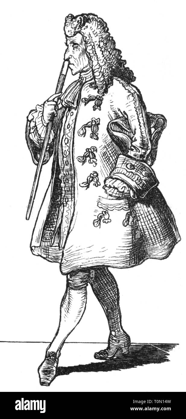 people, professions, 'Der Doktor' (The Doctor), illustration from 'Muenchner Bilderbogen' (Munich Sheet of Pictures), wood engraving, 19th century, graphic, graphics, full length, clipping, cut out, cut-out, cut-outs, standing, clothes, outfit, outfits, periwig, periwigs, wig, wigs, jacket, jackets, frock coat, knee breeches, canes, cane, medicine, medicines, medical doctor, physician, medic, doctors, physicians, medics, historic, historical, man, men, male, people, Additional-Rights-Clearance-Info-Not-Available Stock Photo