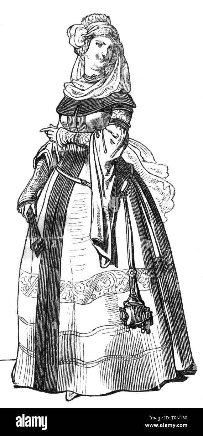 middle ages, people, 'Die Hofmeisterin' (The Mayoress of the Court), illustration from 'Muenchner Bilderbogen' (Munich Sheet of Pictures), wood engraving, 19th century, graphic, graphics, full length, clipping, cut out, cut-out, cut-outs, standing, clothes, outfit, outfits, dress, dresses, historic, historical, woman, women, female, people, Additional-Rights-Clearance-Info-Not-Available Stock Photo