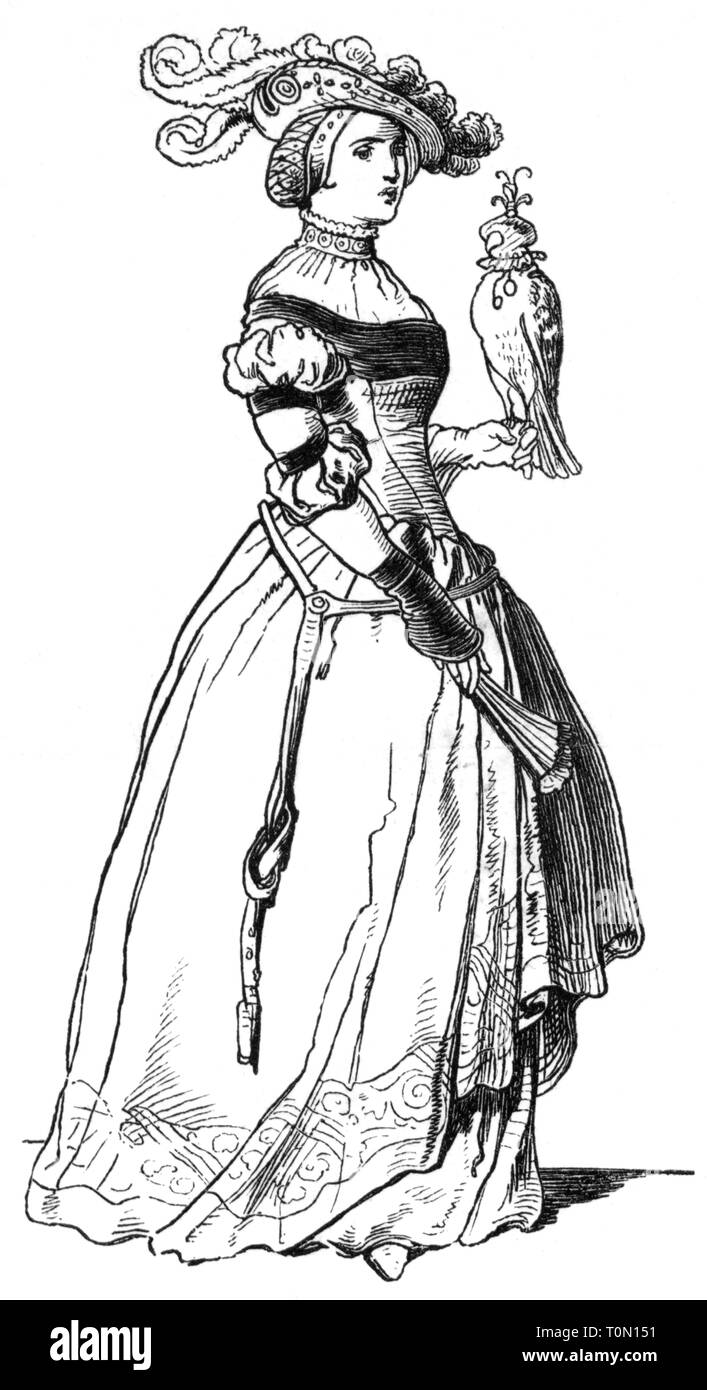 middle ages, people, 'Die Hofdame' (The Court Lady), illustration from 'Muenchner Bilderbogen' (Munich Sheet of Pictures), wood engraving, 19th century, graphic, graphics, full length, clipping, cut out, cut-out, cut-outs, standing, clothes, outfit, outfits, dress, dresses, hat, hats, fan, fans, holding, hold, bird, birds, falcon, falcons, hunt, hunts, falconry, falconer's, falconer, falconers, lady-in-waiting, waiting maid, court lady, ladies-in-waiting, waiting maids, court ladies, historic, historical, woman, women, female, people, Additional-Rights-Clearance-Info-Not-Available Stock Photo