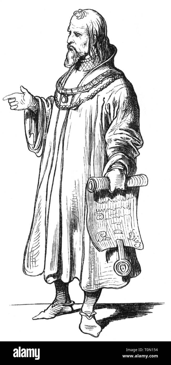 middle ages, people, 'Der Kanzler' (The Chancellor), illustration from 'Muenchner Bilderbogen' (Munich Sheet of Pictures), wood engraving, 19th century, graphic, graphics, full length, clipping, cut out, cut-out, cut-outs, standing, clothes, outfit, outfits, cape, capes, gown, robe, gowns, robes, holding, hold, document, documents, civil servant, civil servants, historic, historical, man, men, male, people, Additional-Rights-Clearance-Info-Not-Available Stock Photo