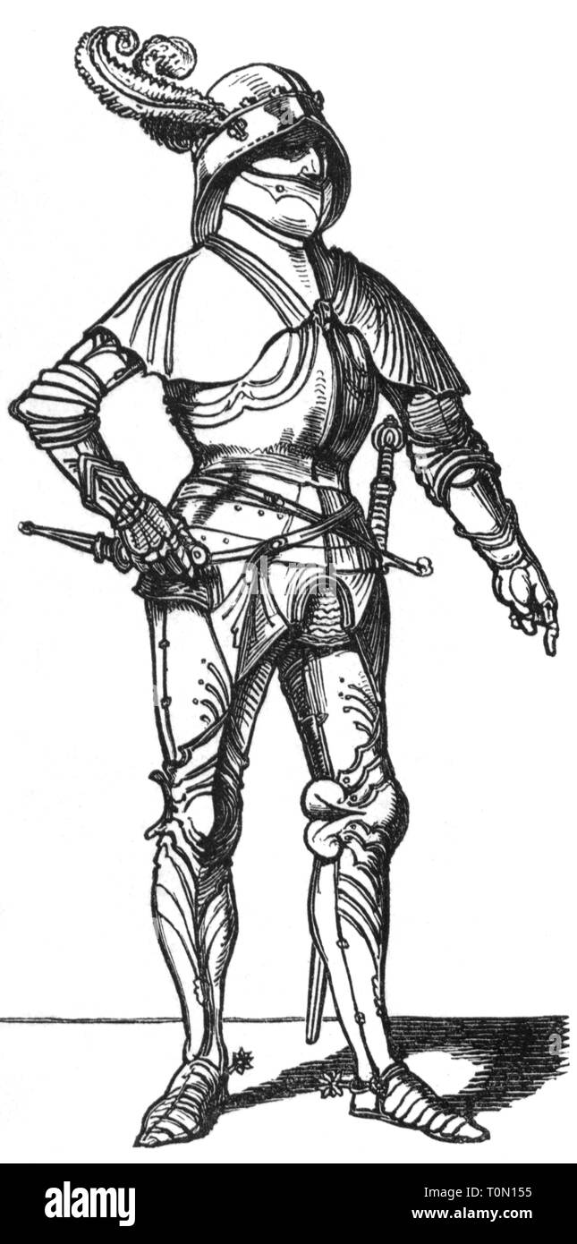 middle ages, people, 'Der Schloßhauptmann' (The Keeper of the Palace), illustration from 'Muenchner Bilderbogen' (Munich Sheet of Pictures), wood engraving, 19th century, graphic, graphics, full length, clipping, cut out, cut-out, cut-outs, standing, clothes, outfit, outfits, helmet, helmets, armour suit, armor suit, knight's armour, knight's armor, keeper of the palace, historic, historical, man, men, male, people, Additional-Rights-Clearance-Info-Not-Available Stock Photo