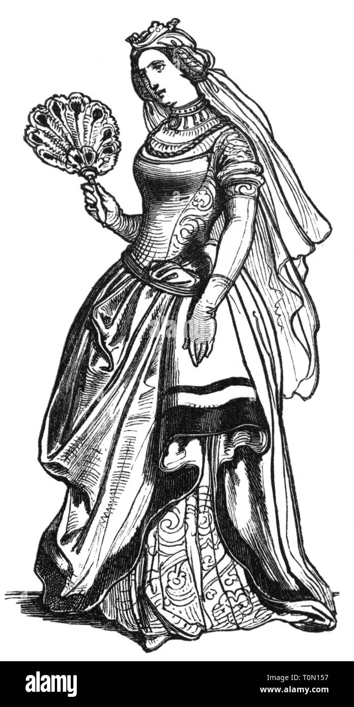 middle ages, people, 'Die Prinzessin' (The Princess), illustration from 'Muenchner Bilderbogen' (Munich Sheet of Pictures), wood engraving, 19th century, graphic, graphics, full length, clipping, cut out, cut-out, cut-outs, standing, clothes, outfit, outfits, dress, dresses, veil, veils, fan, fans, historic, historical, woman, women, female, people, Additional-Rights-Clearance-Info-Not-Available Stock Photo