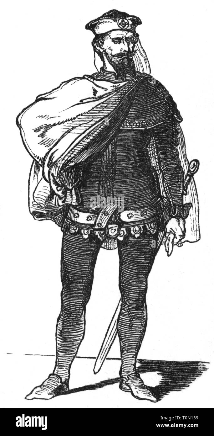 middle ages, people, 'Der boese Prinz' (The evil Prince), illustration from 'Muenchner Bilderbogen' (Munich Sheet of Pictures), wood engraving, 19th century, graphic, graphics, full length, clipping, cut out, cut-out, cut-outs, standing, clothes, outfit, outfits, hat, hats, cape, capes, sword, swords, historic, historical, man, men, male, people, Additional-Rights-Clearance-Info-Not-Available Stock Photo