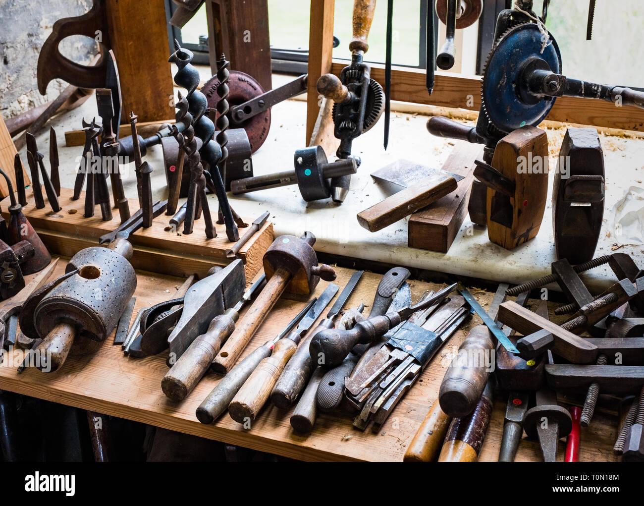 Vintage woodturners tools on display at Combe Mill Stock Photo