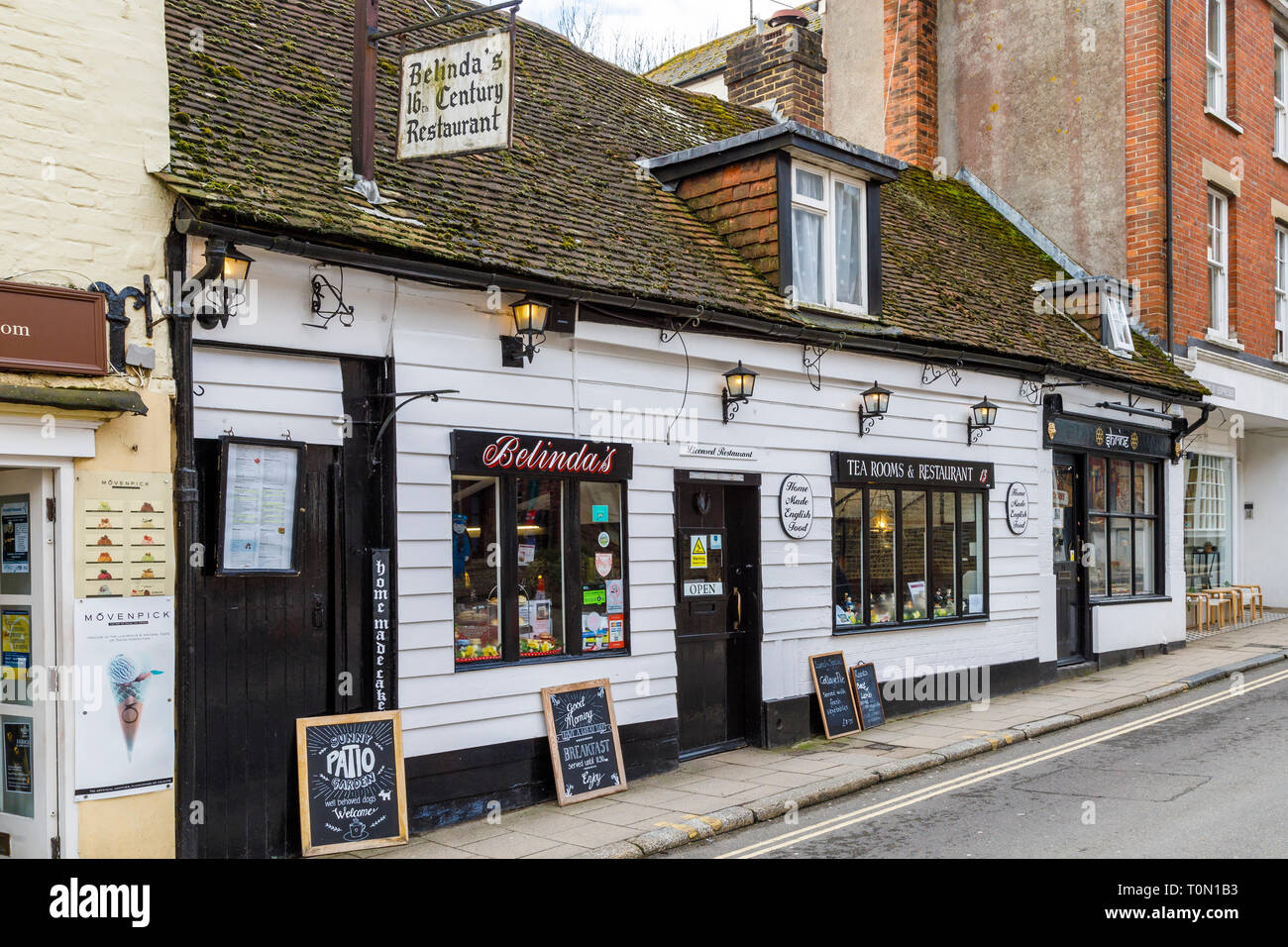 17th century timber framed and weather-boarded property, Belinda's Restaurant, in Arundel, West Sussex, UK. Stock Photo