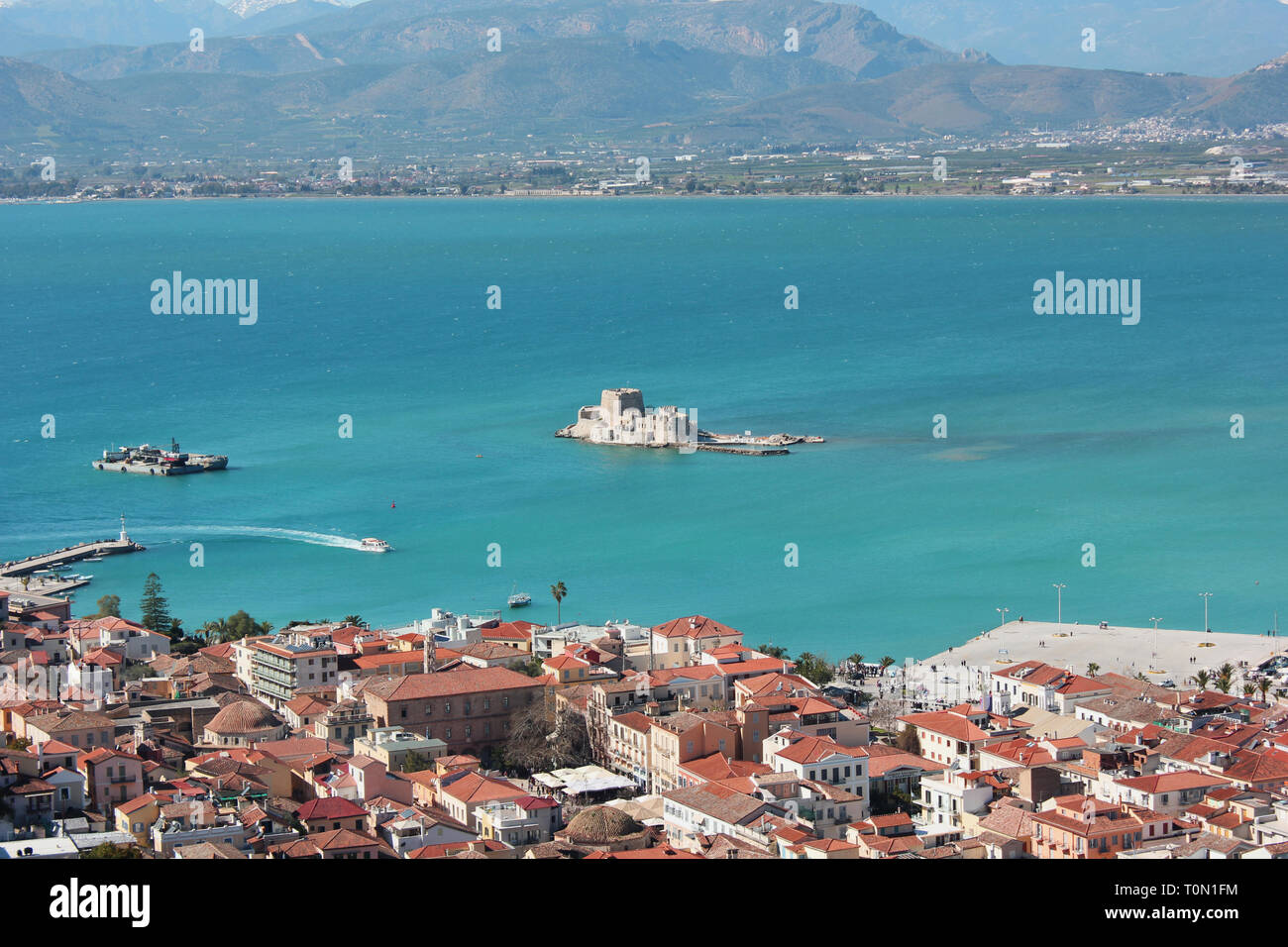 Bourtzi the water castle in the middle of Nafplio harbour in Greece Stock Photo