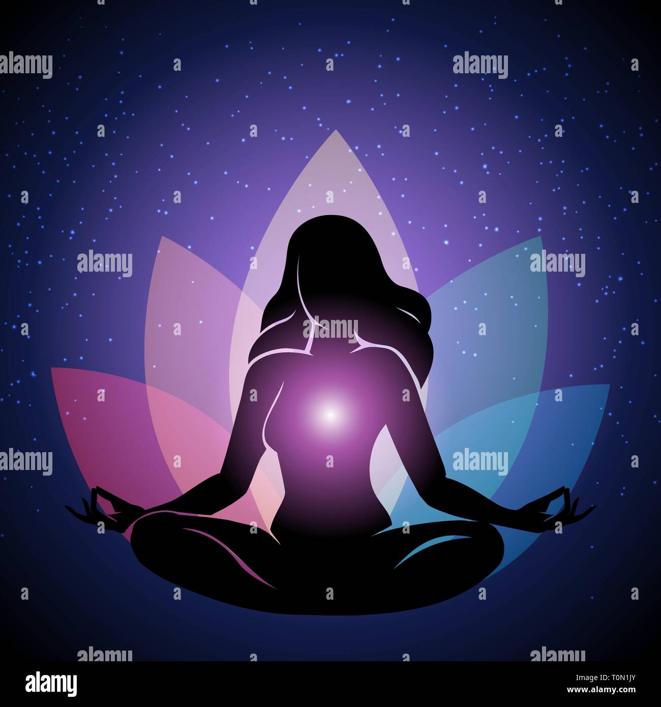 Human silhouette in Yoga pose with lotus flower and night sky on background. Vector illustration. Stock Vector
