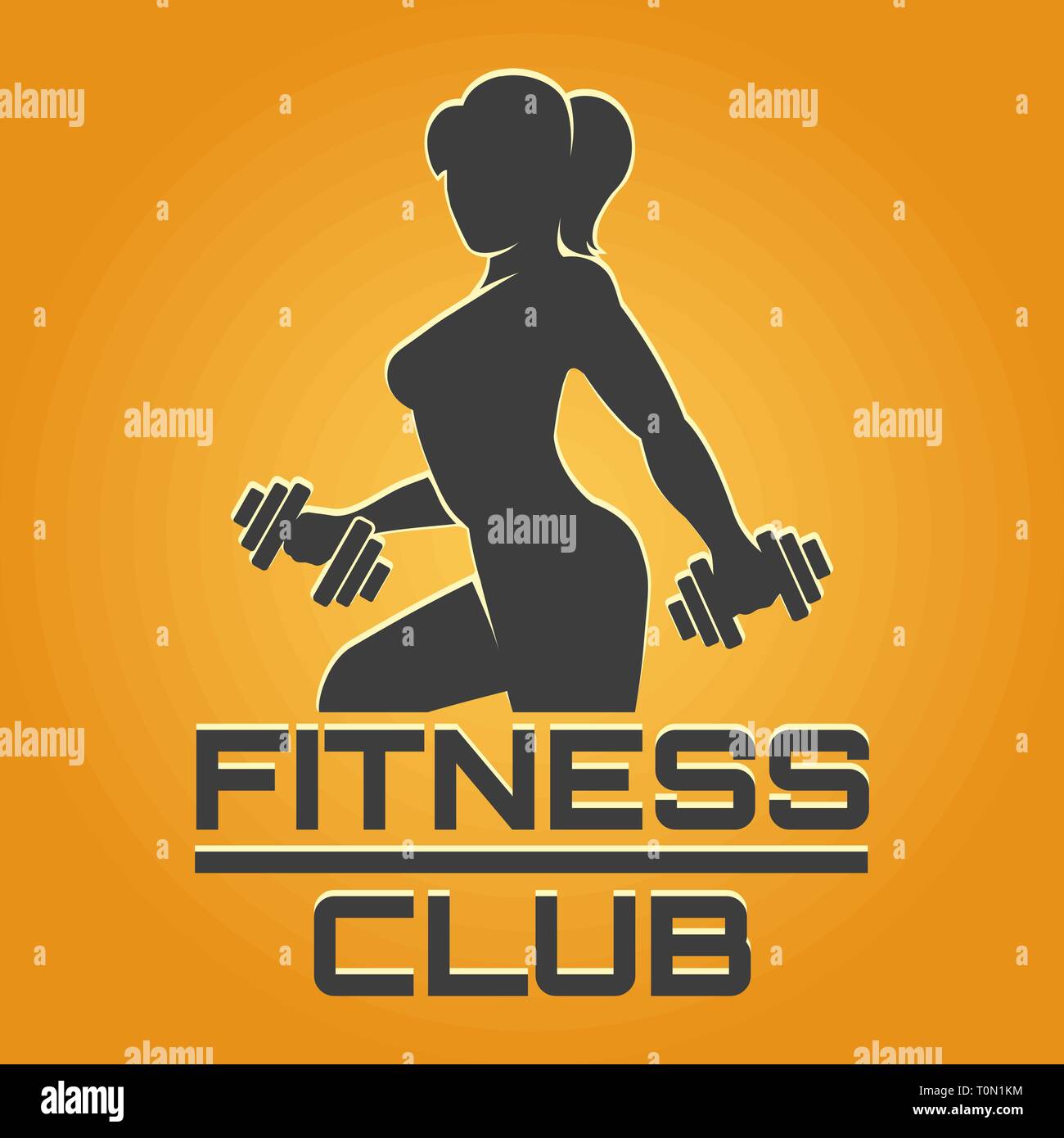Fitness club or gym design template. Silhouette of athletic woman with dumbbells. Vector illustration. Stock Vector