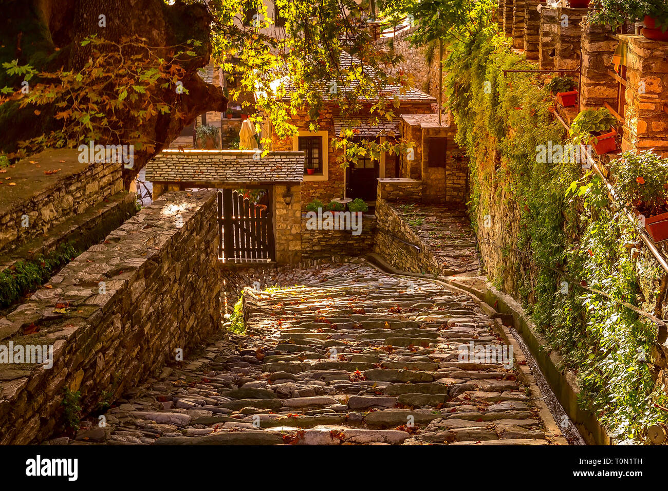 Makrinitsa village, Greece street view, Pelion mountains Stock Photo