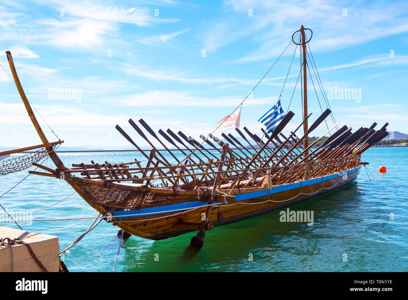 Volos, Greece - October 13, 2016: Argo legendary ship copy in port Volos, Greece. Greek mythology Argonauts sailed Argo to retrieve the Golden Fleece Stock Photo