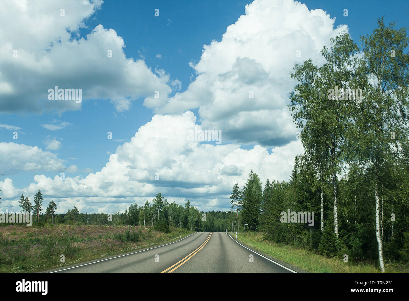 Fields, trees and road with blue sky and clouds Stock Photo - Alamy