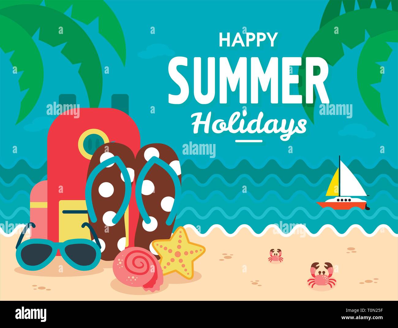 Summer holiday poster vector template with backpack and abstract beach ...