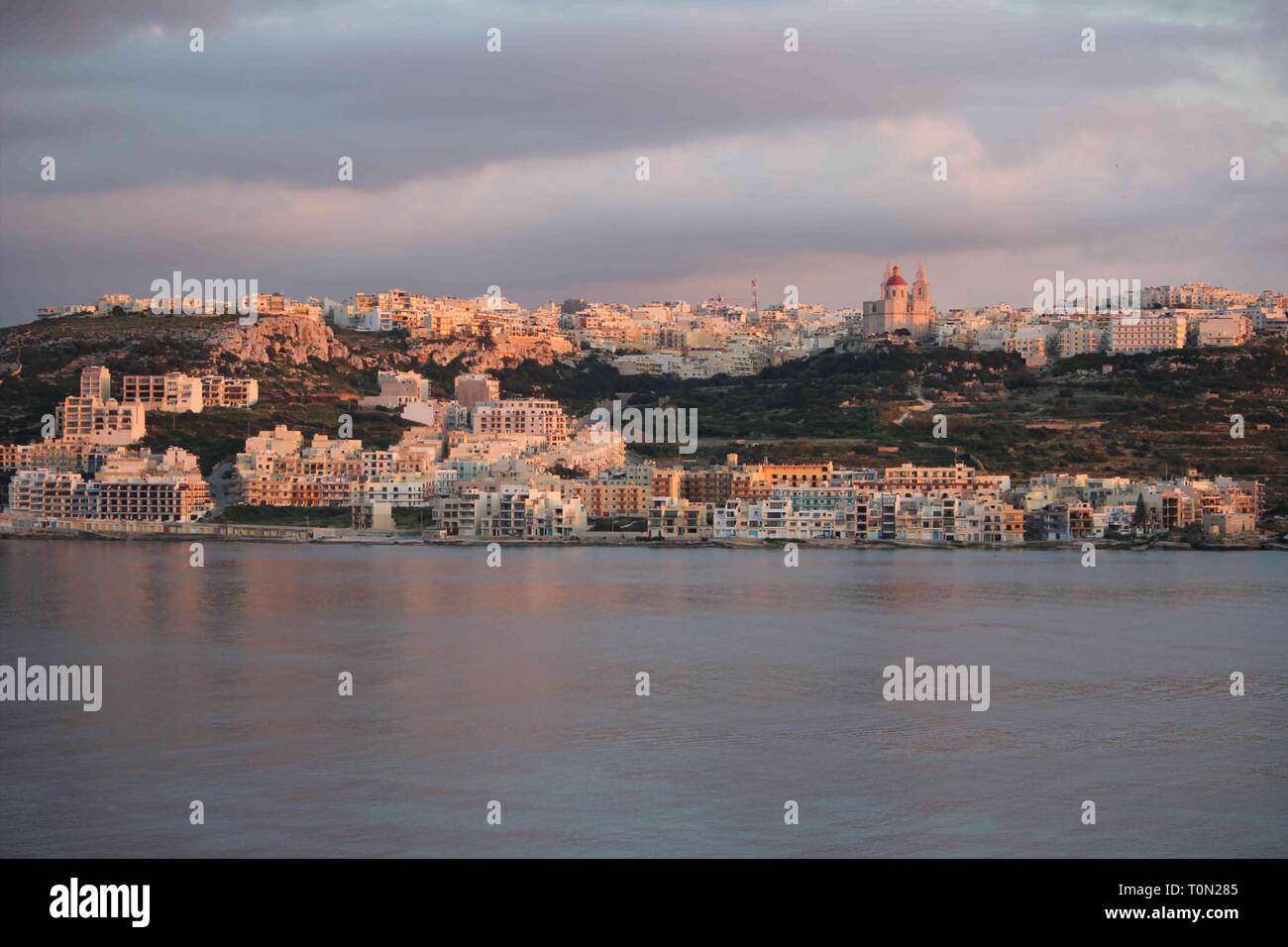 Evening panorama of the town of Mellieha, Malta Stock Photo