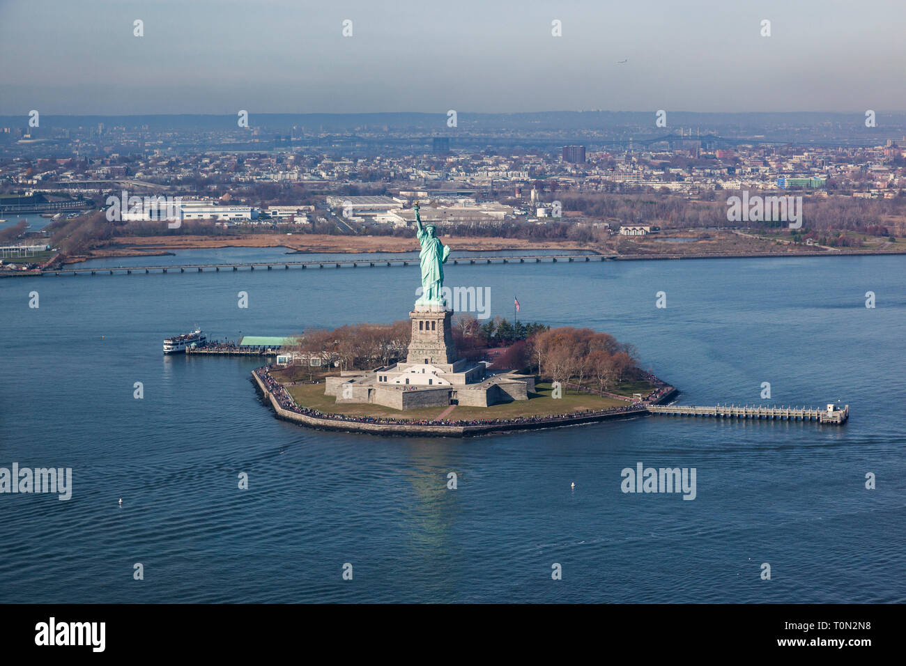 Aerial view of Liberty Island and the Statue of Liberty from a