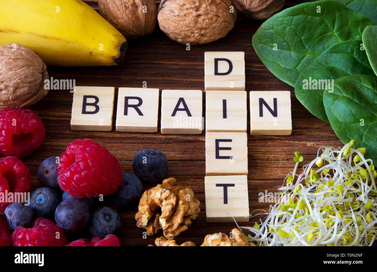 'Brain diet' words written on wooden blokcs with foods that boost brain function, memory, health and concentration Stock Photo