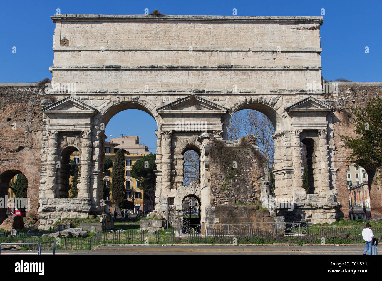 Porta Maggiore ('Larger Gate', built in 52 AD) is one of the eastern gates in the ancient and well-preserved 3rd-century AD Aurelian Walls of Rome. Stock Photo