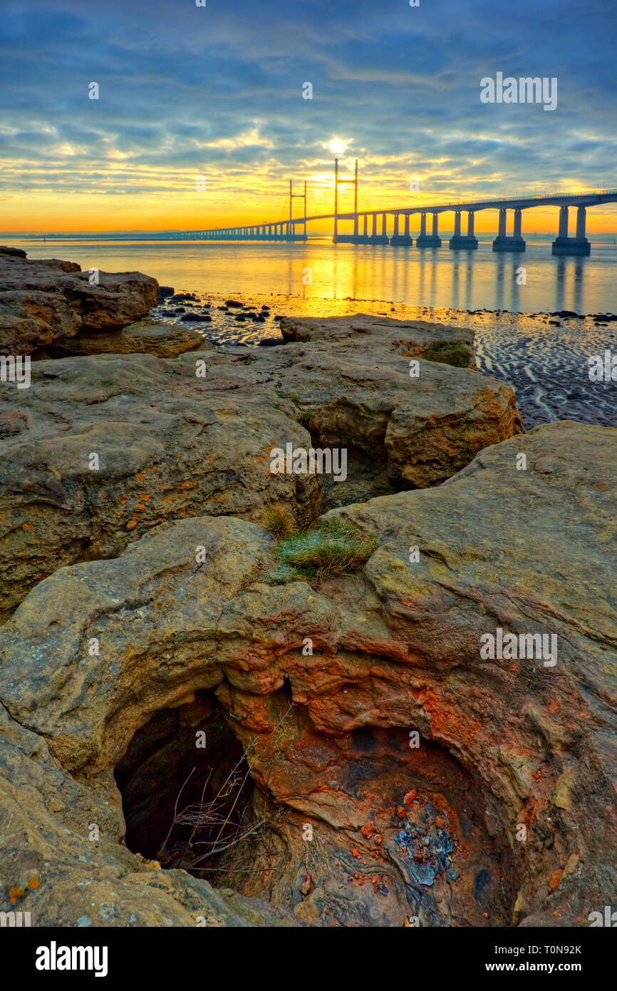 Great Britain, Wales. Severn Bridge and estuary at dawn looking from Wales towards England. Stock Photo