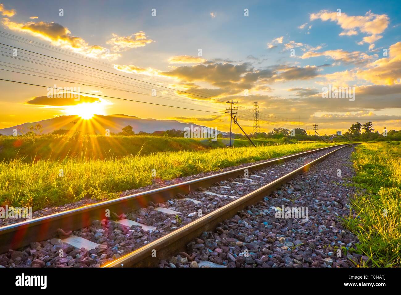 Chiang Mai Railway Track in countryside with Green Grass along the way in  Summer Evening before Sunset. Wallpaper Background of Railroad in Afternoon  Stock Photo - Alamy